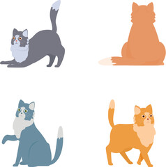 Set of four cute cartoon cats in different poses on a white background