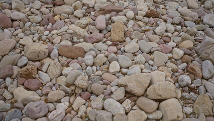 Various colored rocks and stones scattered on a ground in an outdoor setting, showcasing nature's diversity in shapes and textures
