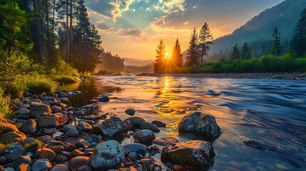 forest river with stones on shores at sunset
