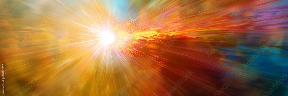Poster an abstract image with burst of light and energy in vibrant colors, creating dynamic visual composit