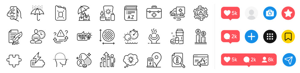 Delivery insurance, Puzzle and Difficult stress line icons pack. Social media icons. Feather signature, Yoga, Canister oil web icon. Attention, Waterproof umbrella, Energy pictogram. Vector