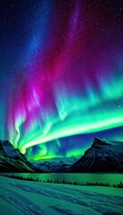 Aurora Borealis Over Mountain Ridge
