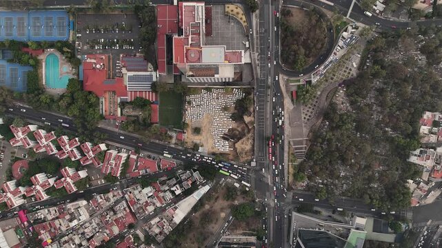 Aerial video capturing streets and neighborhoods of Coyoacan in southern Mexico City