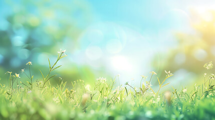 Fototapeta premium Sunny spring meadow blur background, blue sky to green grass gradient