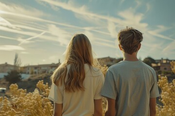 Two Teenagers Standing in a Field of Tall Grass Under a Cloudy Sky