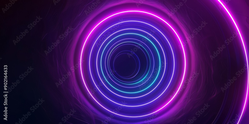 Poster dynamic neon light tunnel with concentric circles in vibrant colors creating an immersive, futuristi