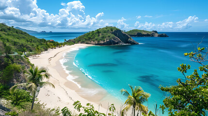 Obraz premium Tropical white sand beach with coco palms and the turquoise sea on Caribbean island.