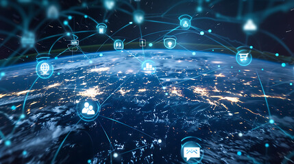 Tech devices and icons connected to digital planet earth
