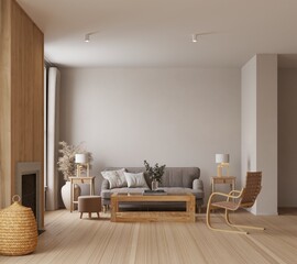 blank wall in livingroom interior background, Scandinavian style, 3D render