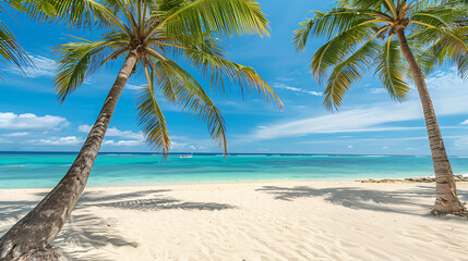 Tropical white sand beach with coco palms and the turquoise sea on Caribbean island.