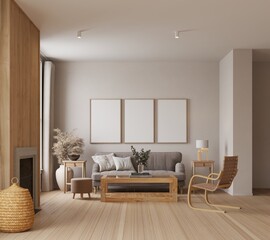 Mock up poster in livingroom interior background, Scandinavian style, 3D render