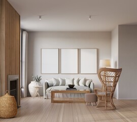 Mock up poster in livingroom interior background, Scandinavian style, 3D render
