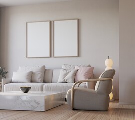 Mock up poster in livingroom interior background, Scandinavian style, 3D render