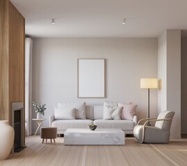 Mock up poster in livingroom interior background, Scandinavian style, 3D render