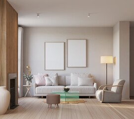 Mock up poster in livingroom interior background, Scandinavian style, 3D render