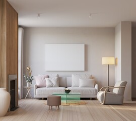Mock up poster in livingroom interior background, Scandinavian style, 3D render