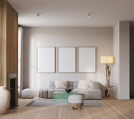 Mock up poster in livingroom interior background, Scandinavian style, 3D render