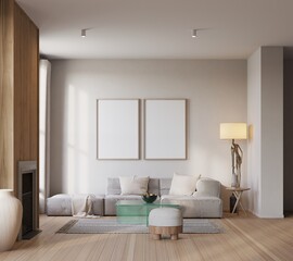 Mock up poster in livingroom interior background, Scandinavian style, 3D render