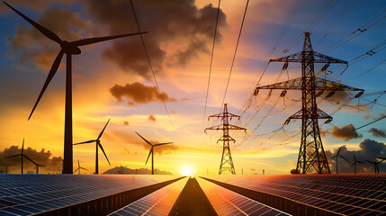 Solar panels with wind turbines and electricity pylon at sunset. Clean energy concept.