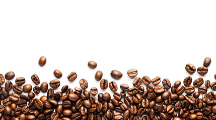Panoramic coffee beans border isolated on white background with copy space