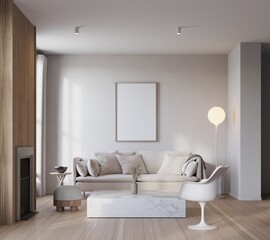 Mock up poster in livingroom interior background, Scandinavian style, 3D render