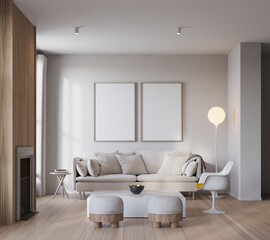 Mock up poster in livingroom interior background, Scandinavian style, 3D render