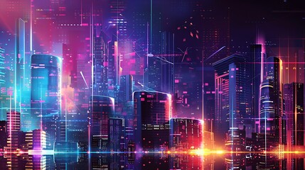 Obraz premium Neon City Skyline Illustration - Glowing Urban Landscape at Night