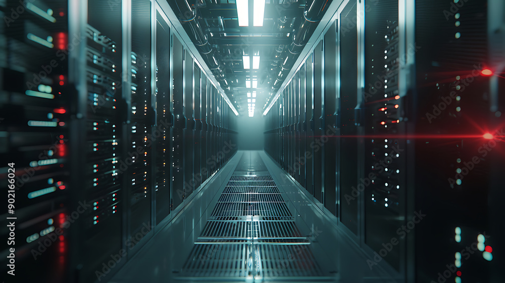 Poster Shot of Corridor in Working Data Center Full of Rack Servers and Supercomputers with High Internet Visualisation Projection.
