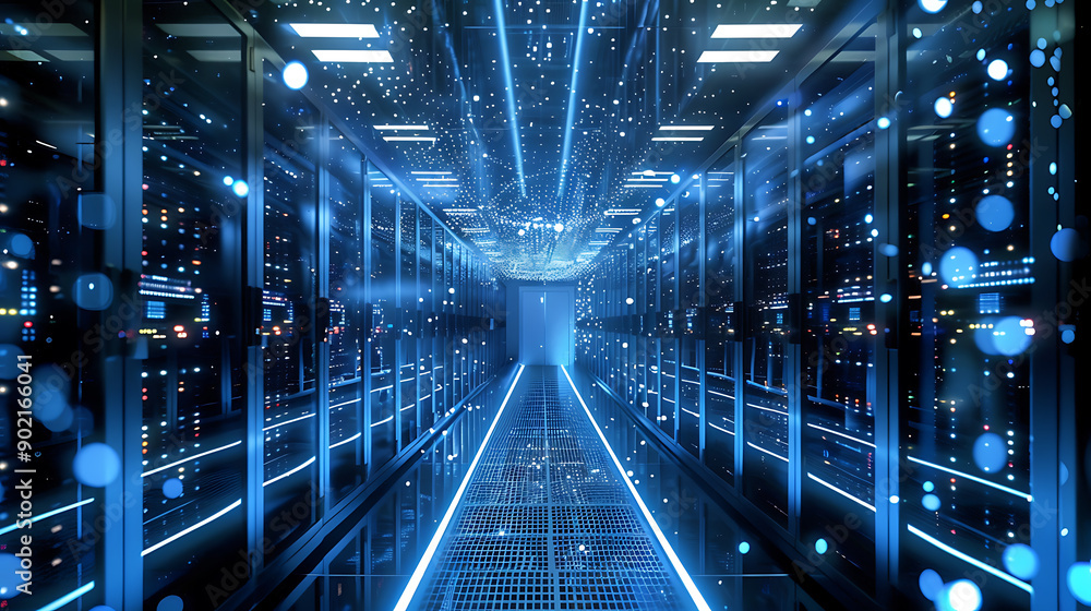 Poster shot of corridor in working data center full of rack servers and supercomputers with high internet v