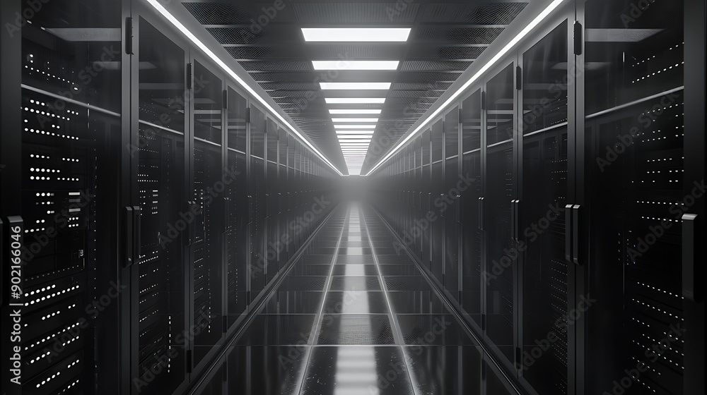 Poster Shot of Corridor in Working Data Center Full of Rack Servers and Supercomputers with High Internet Visualisation Projection.
