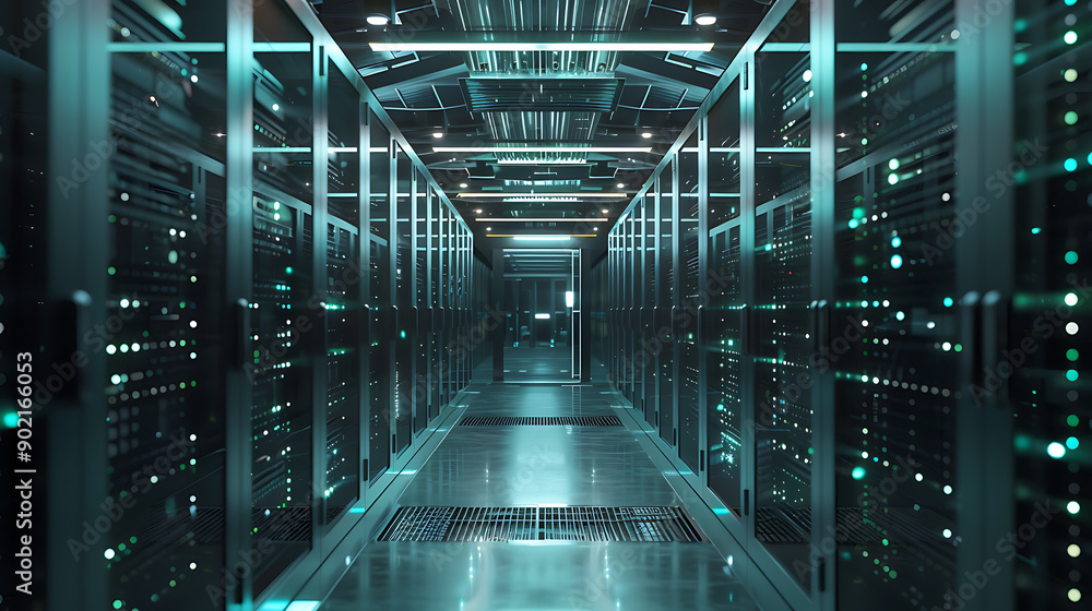 Leinwandbilder shot of corridor in working data center full of rack servers and supercomputers with high internet v