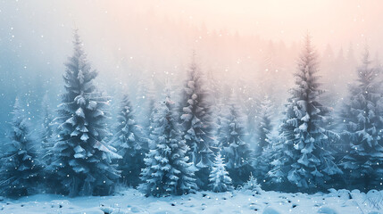 Fototapeta premium Pine trees covered with snow on frosty evening. Beautiful winter panorama