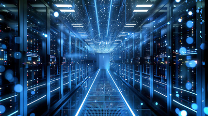 Fototapeta premium Shot of Corridor in Working Data Center Full of Rack Servers and Supercomputers with High Internet Visualisation Projection.