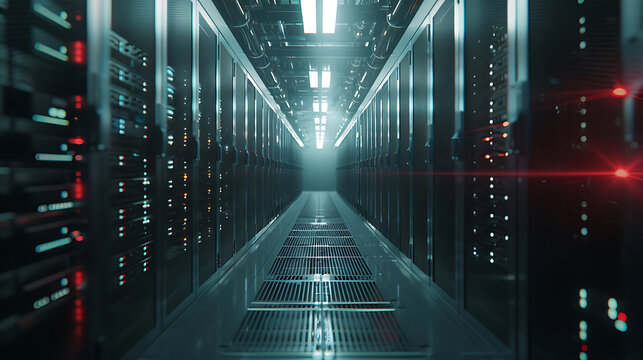 Shot of Corridor in Working Data Center Full of Rack Servers and Supercomputers with High Internet Visualisation Projection. - Powered by Adobe