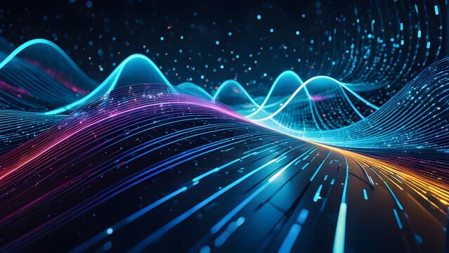 A colorful, abstract image of a wave with a blue and orange line