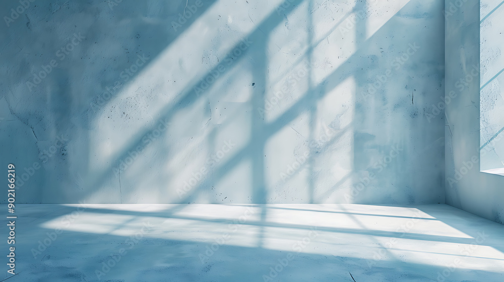 Poster minimal abstract light blue background for product presentation. shadow and light from windows on pl