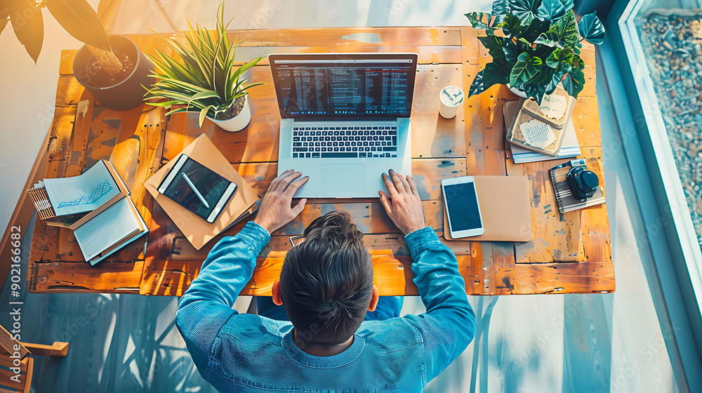 Poster Person using a laptop computer from above