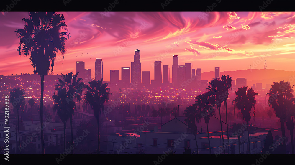 Fototapete Los Angeles skyline with palm trees in the foreground