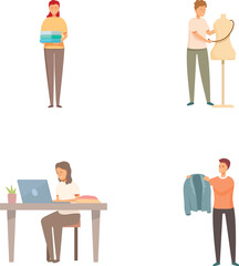 Collection of illustrations featuring individuals performing various tasks like sewing, working on a computer, and organizing