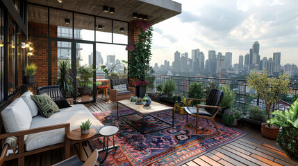 A city view from a rooftop with a large rug and a couch