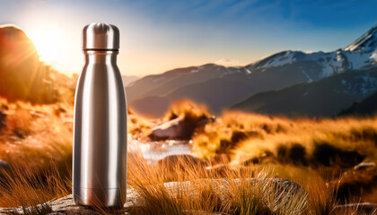 Fototapeta premium water bottle, stainless steel, metal, climbing, camping, sun, sunrise, meadow, mountain, close-up