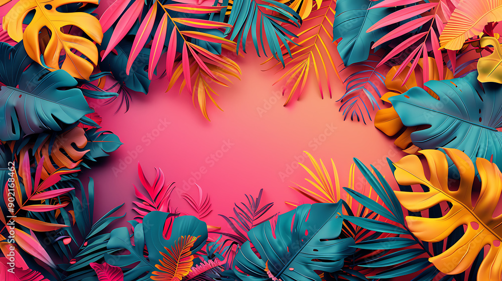 Poster Exotic plants in bold rainbow colors. Tropical layout mockup. Background with painted leaves. Minimal colorful jungle concept art. 3D Render.