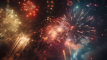 Fototapeta premium Happy New Year Typography with Fireworks in Night Sky
