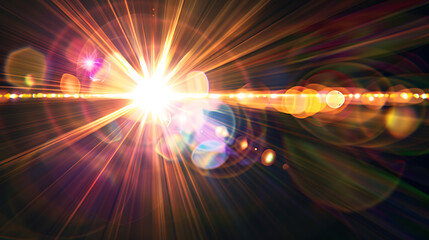 Easy to add lens flare effects for overlay designs or screen blending mode to make high-quality images. Abstract sun burst, digital flare, iridescent glare over black background.