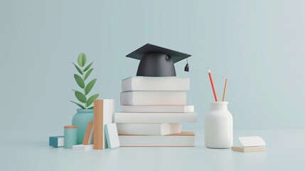Stylish Study Space Featuring a Graduation Cap on Stacked Books