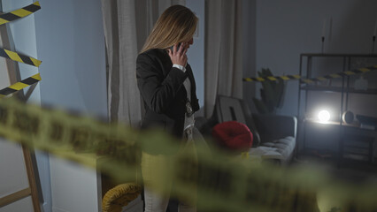 Blonde woman detective in black suit investigates a night time indoor crime scene, talking on phone.