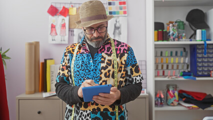 A stylish man with a beard wearing a colorful shirt and hat uses a tablet in a vibrant tailor shop surrounded by fashion sketches and fabric.