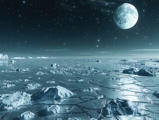 Stunning Moonlit Landscape with Icy Horizon and Sparkling Stars, A Serene Night Scene of Frozen Beauty and Cosmic Wonder