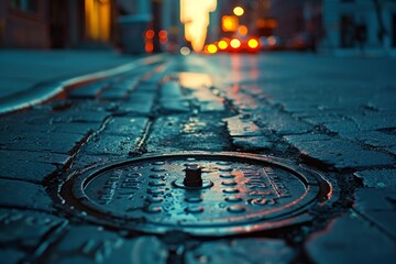 Urban Nightscape: City Street at Dusk with Illuminated Buildings and Street Lights