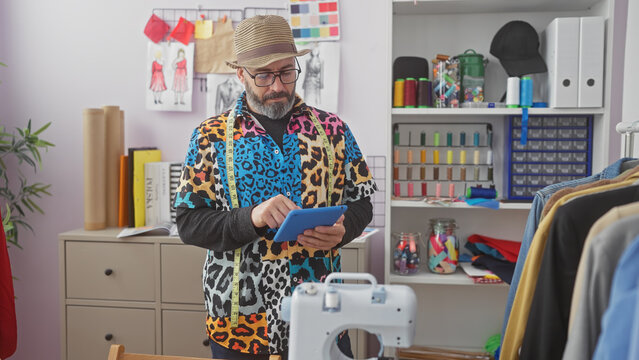Fashionable male tailor with beard uses tablet in colorful atelier with sketches and sewing machine.